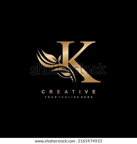 gold letter K logo design with luxurious and beautiful leaf ornament. K Monogram. K typography. gold feather logo. initial letter K logo Stock fotó © 