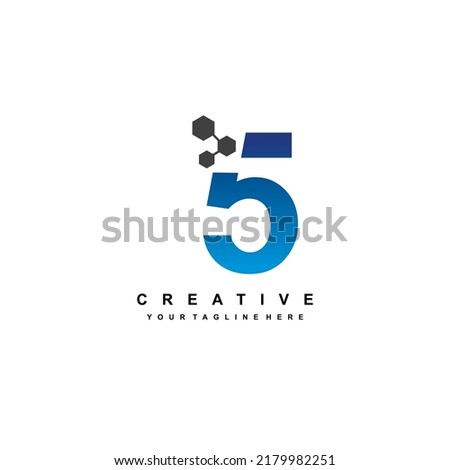 Number 5 logo design with elegant and luxurious style. Blue Geometric Shapes with Hexagon Pixel Points. suitable for Business Logo, Technology, company. Logo Template Elements. number design