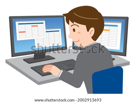 Illustration of a young office worker in a suit working on two large screen dual monitors