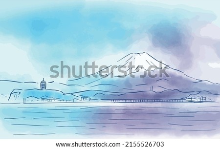 Watercolor style scenery of Mt. Fuji and Enoshima in Japan