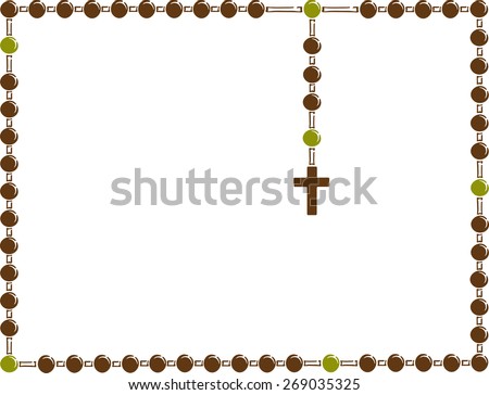 Holy Rosary. Brown frame with rosary. Brown wooden catholic rosary beads, religious symbols, rosary necklace, praying symbol. Vector illustration.