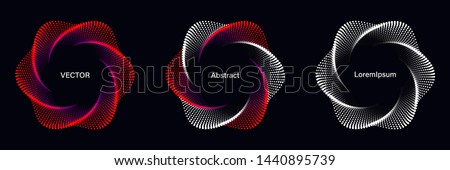 Set of Spiral Dotted Graphic Elements in Red Tones. Geometric Vector Frames on Black Background.