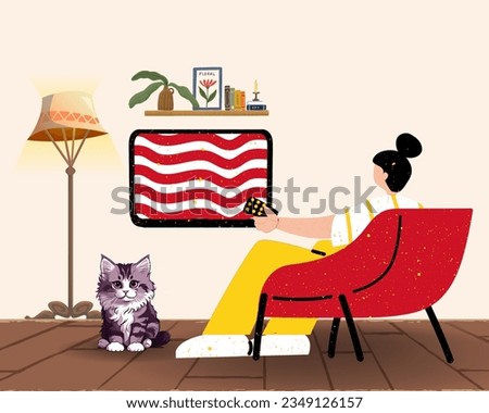 A woman is relaxing on the sofa, using the remote control and selecting a TV show or movie from the TV list, enjoying watching and there is a lovely cat