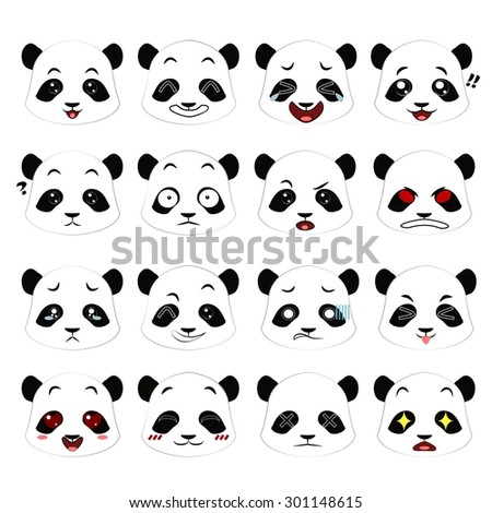 Cute panda emotions. Emoji set. 16 emotions in the flat icon set.
