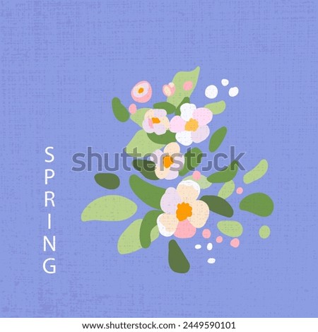 Spring poster square Traditional flowers apple tree branch blue background template banner holiday greetings Texture hand drawn pink petals green leaves Vector illustration