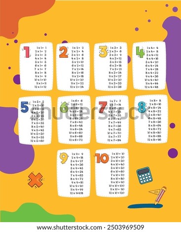 multiplication table. fun math. poster painting. Fun multiplication table for kids. Multiplication from 1 to 10. 1 2 3 4 5 6 7 8 9 10 figures
