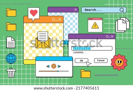 Vaporwave pc desktop with different message boxes and  user interface elements. Vaporwave style UI vector illustration. Retro browser computer window 90s