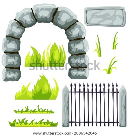 Fence elements. Stone arch, signboard, wrought iron fence and grass. Can be used to decorate a park, zoo, estate