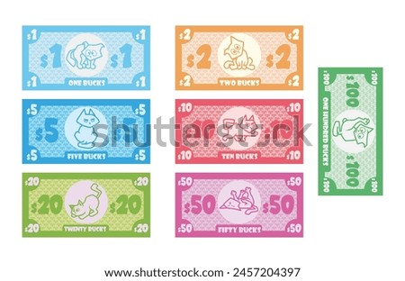 A set of banknotes for children's games and board games. Funny banknotes with wonderful cats. Vector materials