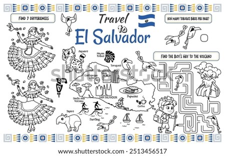 A fun placemat for kids. Printable “Travel to El Salvador” activity sheet with a labyrinth and find the differences. 17x11 inch printable vector file