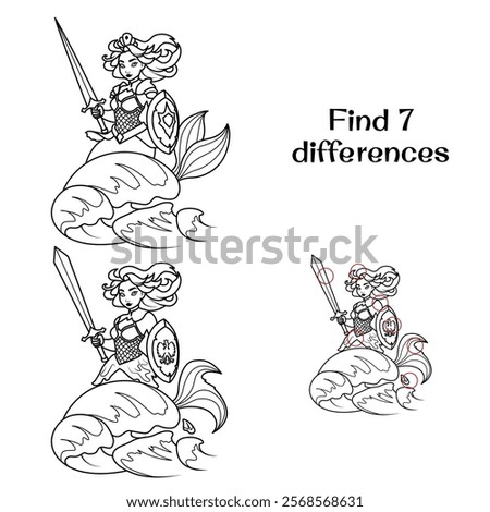 Mermaid with shield and sword on waves. Find 7 differences. Tasks for children. Vector illustration