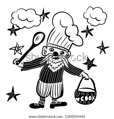 drawing picture, a little magic man in a chef's hat and ladle, cooking in a cauldron on an open fire, sketch, hand-drawn comic cartoon digital vector illustration. good for logo, print, advertising 