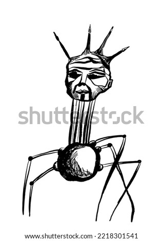 drawing picture scary figurine with human head on spider legs, halloween horror story, sketch, hand drawn digital vector illustration