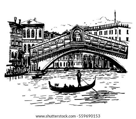 background picture view of the lagoon, Rialto Bridge and the gondolier in Venice, Italy, sketch hand drawn vector illustration Photo stock © 