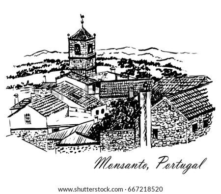 Drawing of a view of the Town Hall with a clock in the amazing village of Monsanto, Portugal, a sketch of hand-drawn ink graphic vector illustration