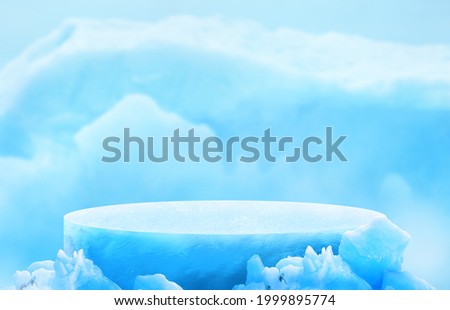 Glacier ice podium for mockup display or presentation of products. Advertising theme concept.