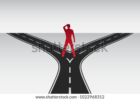 Man standing on the road junction. Decision making. Alternative directions. Difficult choice on the crossroad. Way to the future. Bifurcated road. Abstract vector illustration.