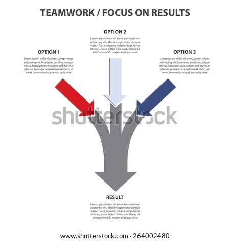 Teamwork and Focus on Results - 3 in 1 Vertical Converging Arrows, Vector Infographic