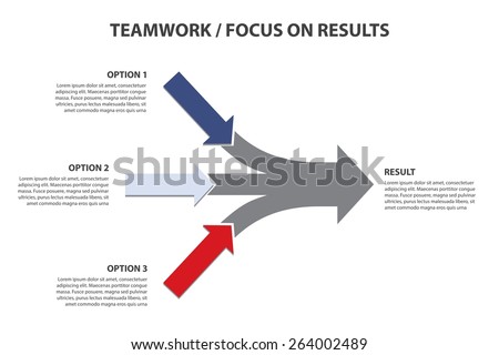 Teamwork and Focus on Results - 3 in 1 Horizontal Converging Arrows, Vector Infographic