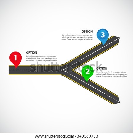 1 to 2 horizontal diverging roads with arrows, bright map pointers and text fields - Vector infographics