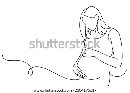 Continuous line art drawing of pregnant woman touching her belly. Maternity Vector illustration