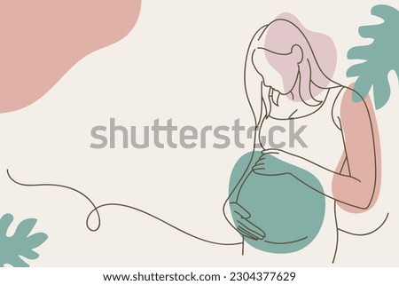 Pregnant woman holding her belly. Vector line art illustration in pastel beige colors