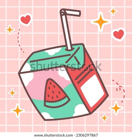 Kawaii food cartoon of watermelon juice box drink illustration. vector icon of cute japanese doodle style for kid product, sticker, shirt, wallpaper, card