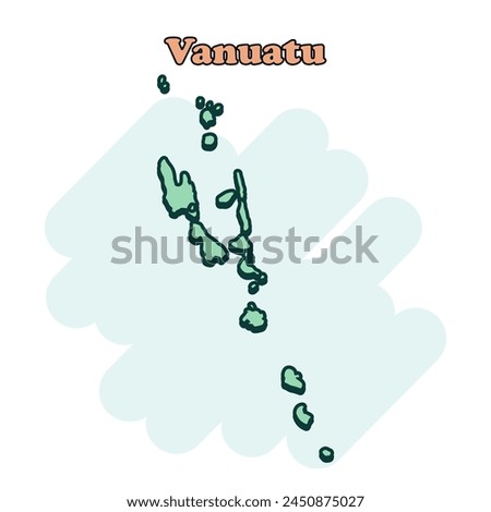 Vanuatu cartoon colored map icon in comic style. Country sign illustration pictogram. Nation geography atlas business concept.	