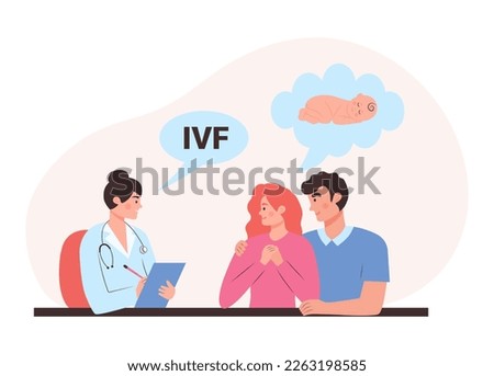 Young infertile couple having a doctor consultation. In vitro fertilization, human reproduction and family planning concept. Female and male reproductive health. 