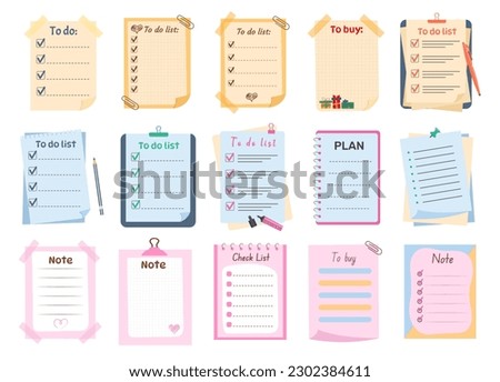 Set of cute memo paper sheets, sticky note, reminder, to do list, to buy list, schedule. Templates for notebooks, planners.