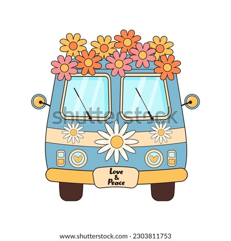 Hippie vintage bus with flowers. Groovy retro hippie travel van. Love, peace, travel, adventure, hippie culture concept.