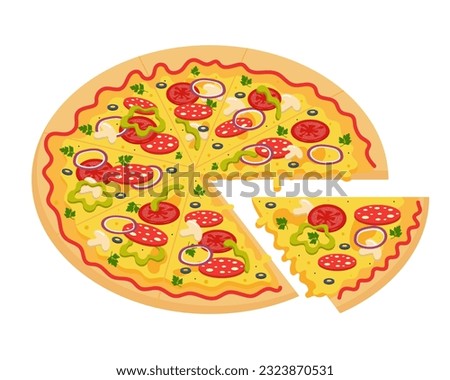 Pizza with tomato, cheese, olives, pepperoni, onion, basil, pepper and mushrooms. Traditional italian fast food. Whole round pizza with cut off slice. Cartoon flat vector illustration.
