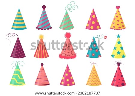 Party hat set. Cute birthday cone caps in bright colors with pompon above. Festive paper caps collection. 