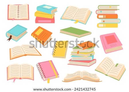 Set of different books. Stacks of books, textbooks, open books, literature, dictionaries, encyclopedias, planners with bookmarks. World book day. Literature, education concept.