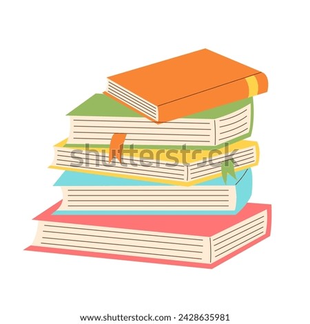 Stack of hardcover books with bookmarks. Colorful thick books pile. Vector illustration isolated on white background.