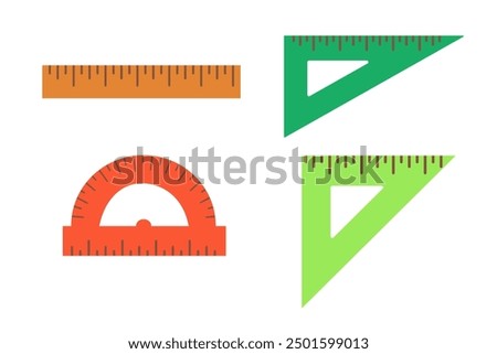 Set of vector school rulers. Ruler, Triangle Rulers, Protractor. School Craft Art Supply. Flat cartoon style.