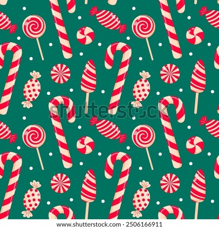 Candy cane, lollipops and swirl candies seamless pattern. Cute Christmas sweet candy design. Good for wrapping paper, background, fabric.