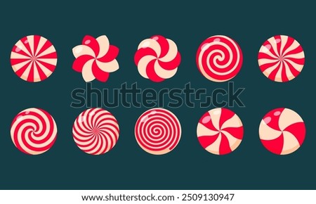 Christmas candy set. Peppermint round candies red and white collection. Assorted striped and swirl caramel without wrapper. 