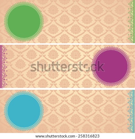 Set of colorful vintage Asian lotus pattern horizontal banners with round space for text and henna elements