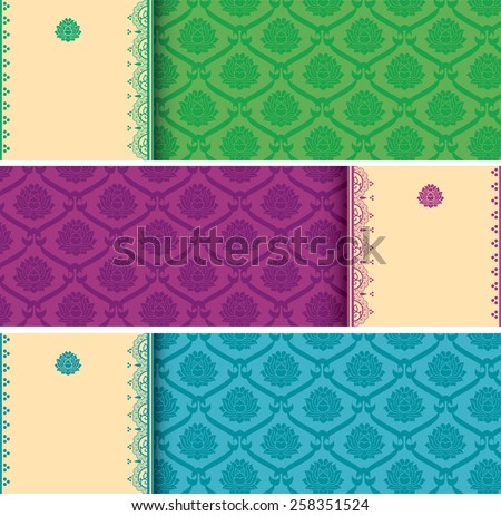 Set of colorful Asian traditional lotus pattern horizontal banners with space for text and henna elements