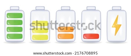 Abstract charging battery icon set with charge levels on a white background. Vector. 3d Rendering
