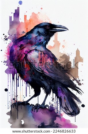 Gothic raven watercolor painting with colorful splashes