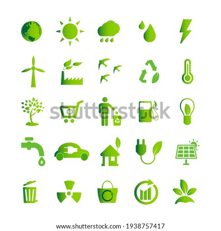 Ecology green icon set, eco technology, renewable energy, environmental protection, sustainable development, nature conservation, windmill, recycle bin