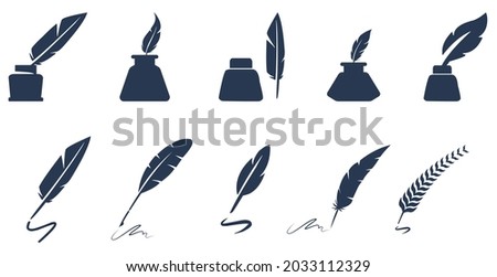 Ink well or ink pot vector icon set