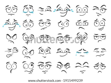 Cartoon faces. Hand drawn facial expressions, doodle face and different moods vector set