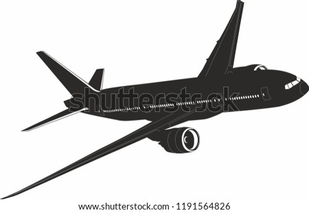 Boeing 777 aircraft vector. Boeing 777. Flying aircraft vector. Black and white. Big Commercial airplanes. Vector illustration.