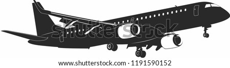 Embraer 195 aicraft vector. Flying aircraft vector. Black and white. Big Commercial airplanes. Vector illustration.