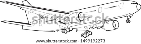 Flying aircraft vector. Black and white isolated vector. Big Commercial airplanes. Boeing 777
