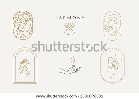 Abstract logo template with images of girls, flowers and arches. Modern minimal set of linear icons and emblems for social media, accommodation rental and travel services.