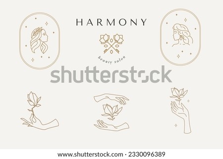 Abstract logo template with images of girls, flowers and arches. Modern minimal set of linear icons and emblems for social media, accommodation rental and travel services.